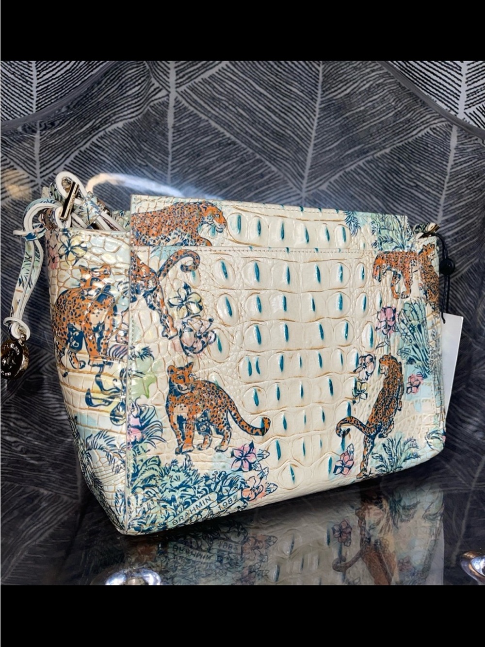 Brahmin Cream Tropical Croc-Embossed Crossbody with Teal & Orange Accents - Picture 4 of 11